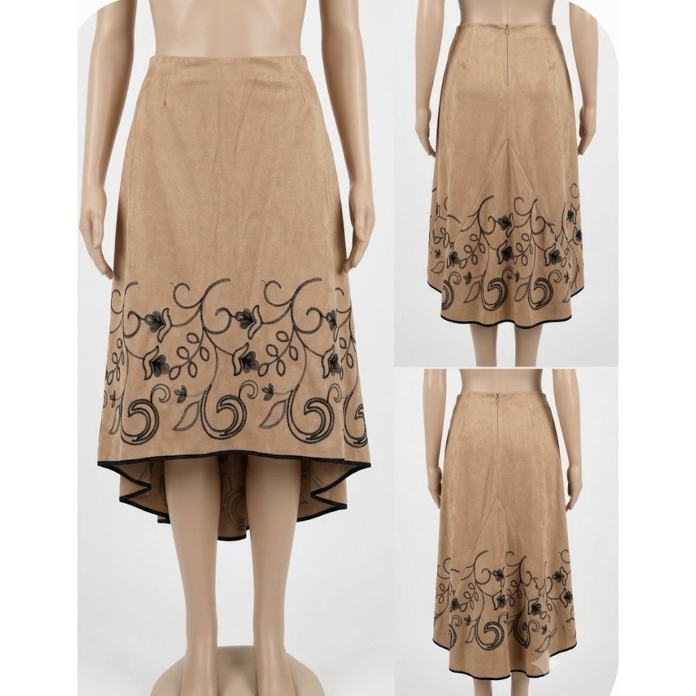 Vtg Y2K Principe Suede Embroidered Boho Cottagecore Midi Skirt 14 High Low Hem